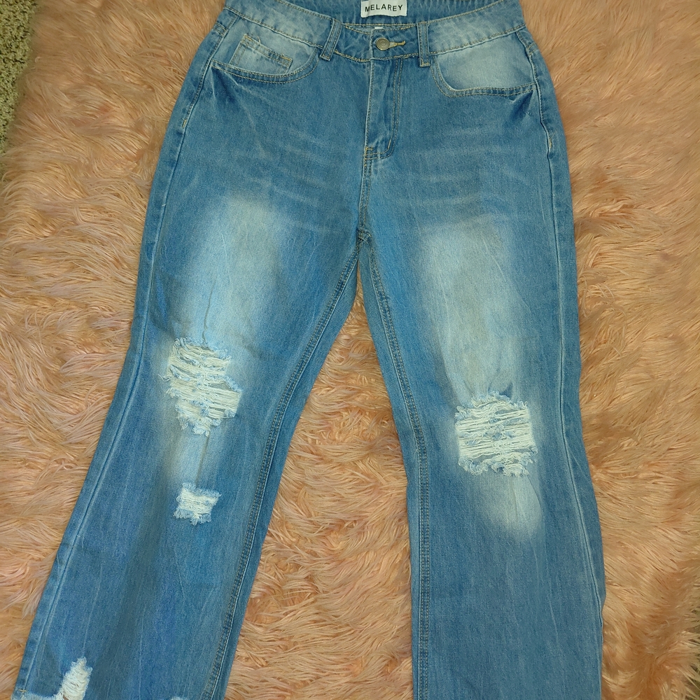 Relaxed Blue Distressed Flare Jeans